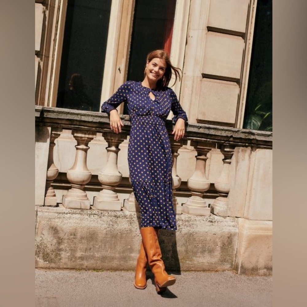 NWT Boden Rosanna Long Sleeve Tea Dress in French Navy Spot Size US 4R